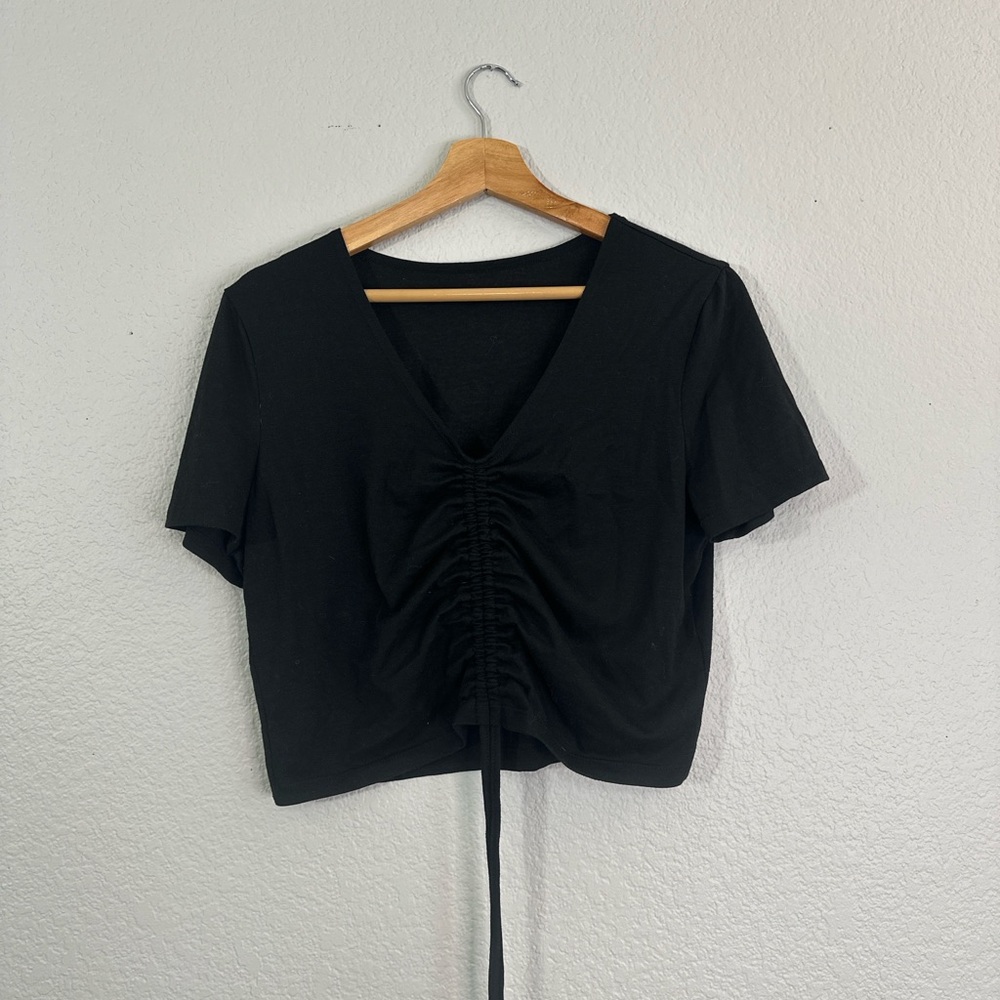 Black Ruched Pilates V-Neck CropTop Adjustable length size XL